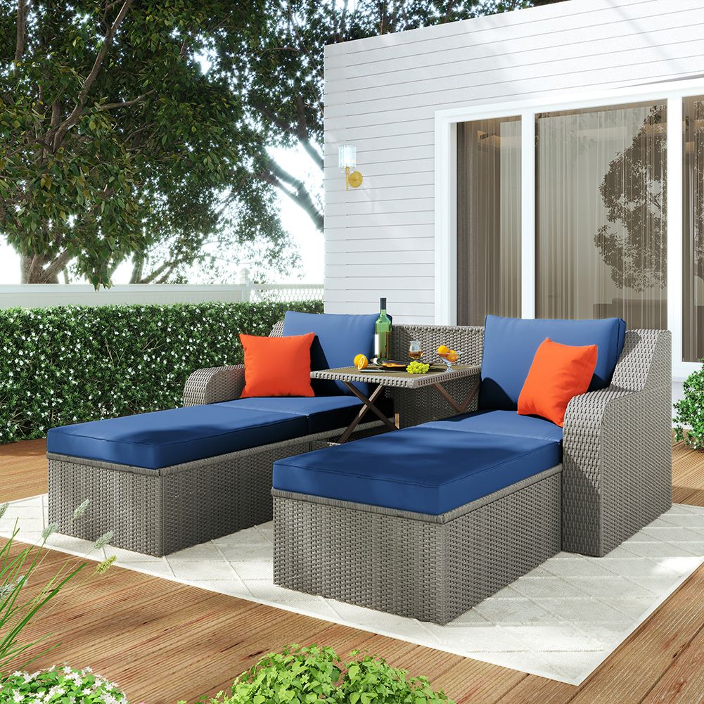 Canddidliike Patio Double Chaise Lounge Sectional Sofa with Lift Top Side Table, Blue Cushions Brown Wicker - image 2 of 8