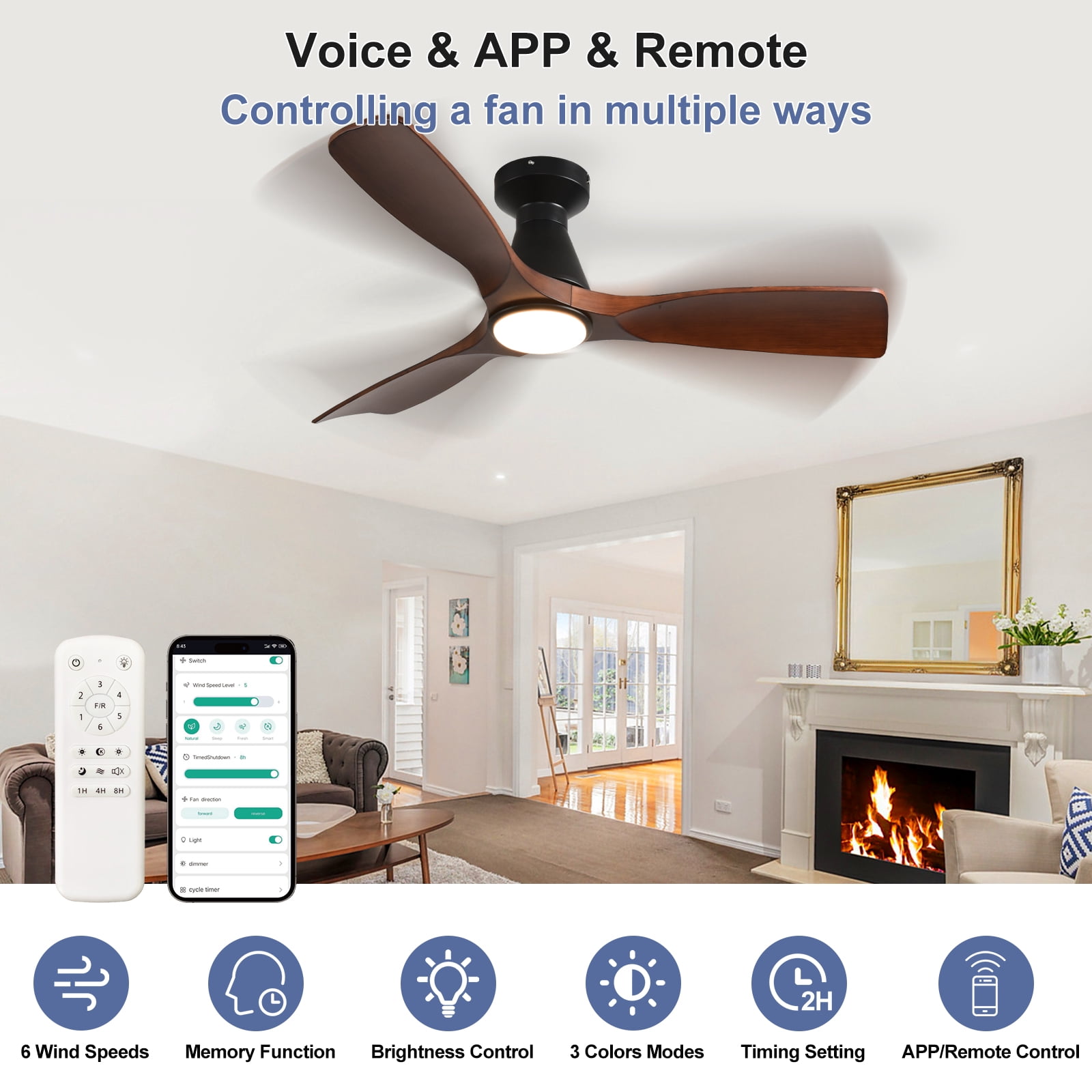 DingLiLighting 42-Inch Ceiling Fan with Lights: Walnut Flush Mount Ceiling Fan with Remote APP Control - Low Profile 3-Blade Fans for Indoor Outdoor 24W 3CCT Dimmable Timer DC Motor