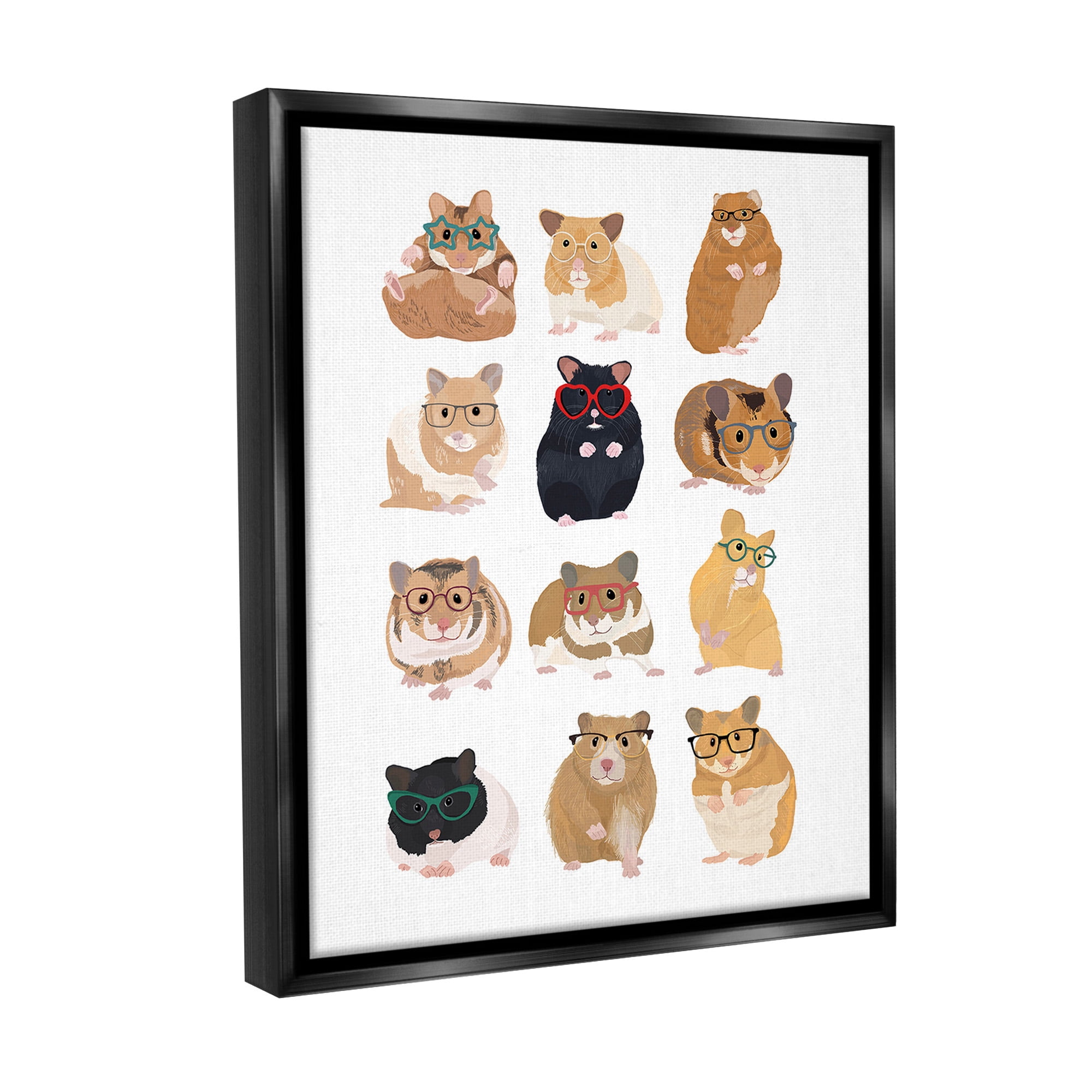 Stupell Industries Hipster Hamsters in Glasses Animals & Insects Painting Black Floater Framed Canvas Art Print Wall Art, 17 x 21