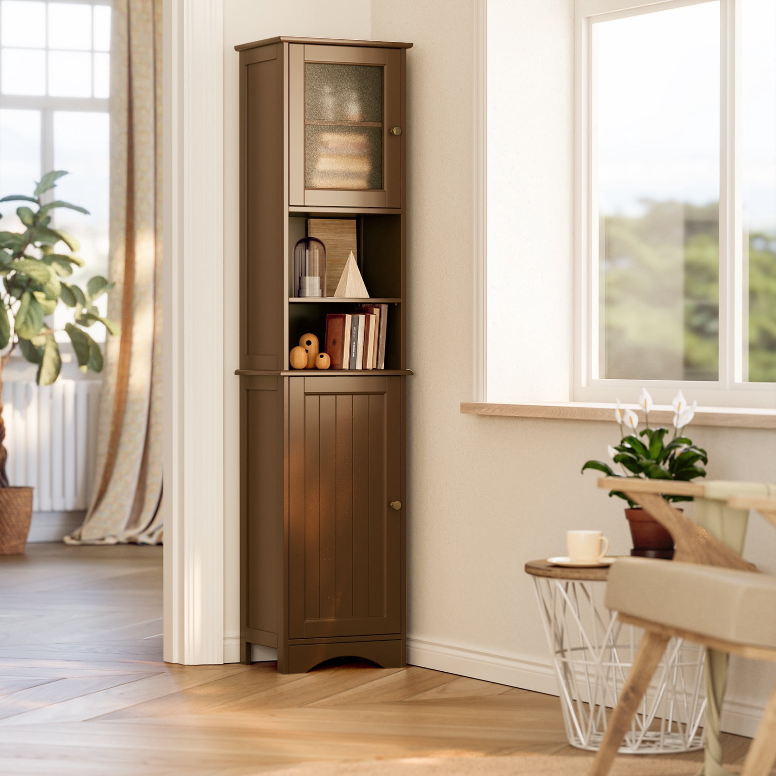 Asofer Tall Bathroom Cabinet, Storage Cabinet with Two-Way Doors, Freestanding Linen Tower, Anti-Tip, Dark Brown