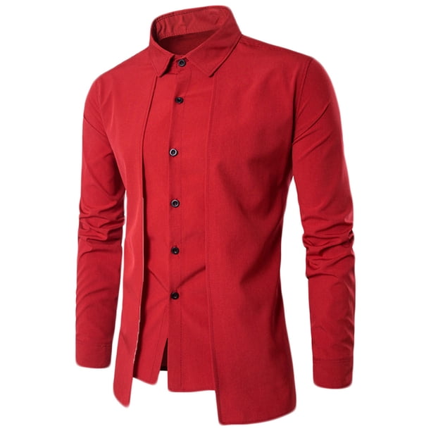 Blusa y camisa de manga larga con cuello vuelto para hombre, color liso, ajustada, falsa, dos personalizada, doble frente, camisa de manga larga con solapa, blusa para hombre