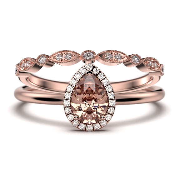 Beautiful Art Deco 1.75 Carat Pear Cut Affordable Morganite And Diamond Moissanite Engagement Ring, Classic Wedding Ring, One Matching Band in 10k Solid Rose Gold,Promise Ring, Anniversery Ring