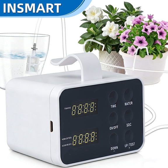 INSMART Automatic Watering System, Indoor Drip Irrigation Kit with Programmable Timer for Potted Plants, LED Display, Anti-Siphon Design, Supports 20 Plants for Home & Balcony