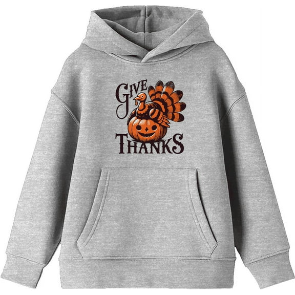 Give Thanks Turkey & Pumpkin Youth Heather Gray Long Sleeve Hoodie-Medium