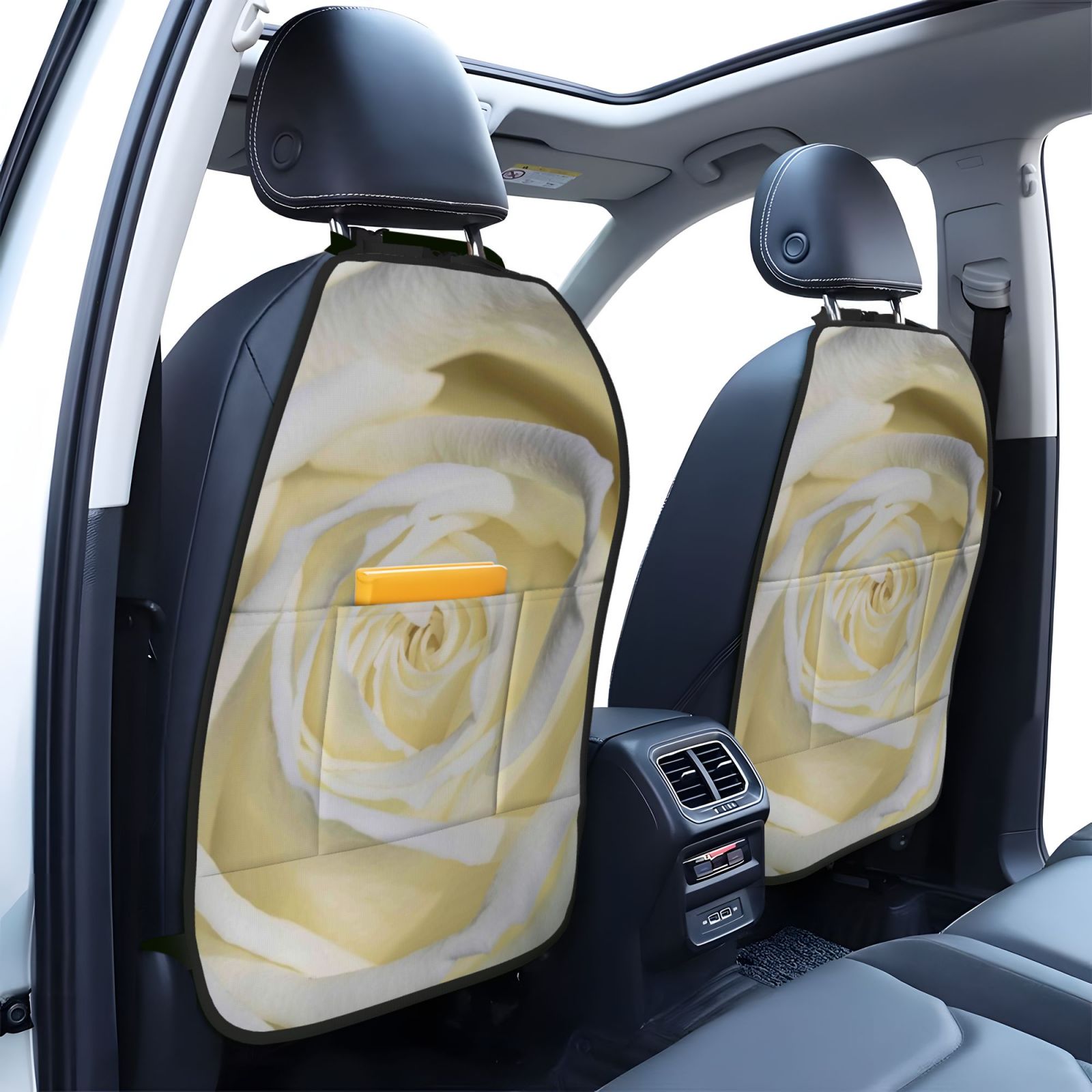 Xecao White Rose Pattern Car Seat Back Protector 2 Pack Large Capacity Pocket, Kick Mats Back Seat Protector
