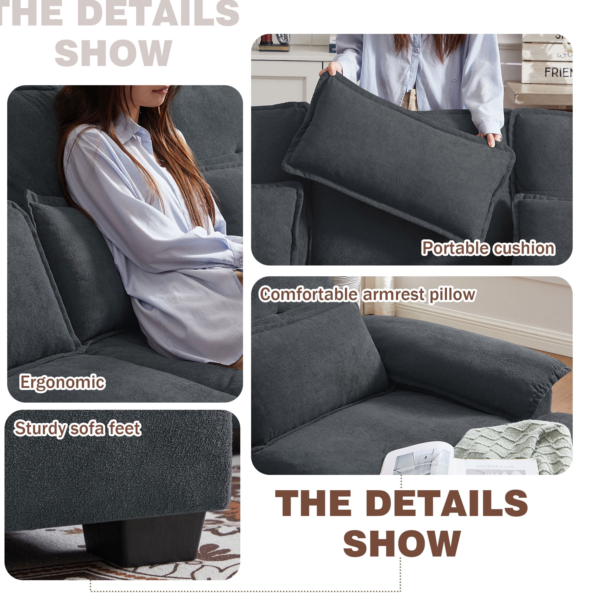 Soscana U Shaped Cloud Couch Sectional Sofa 4 Seat with Double Chaise, Modern Linen Sofa with Waist Pillows for Living Room Apartment Office Studio,Dark Gray