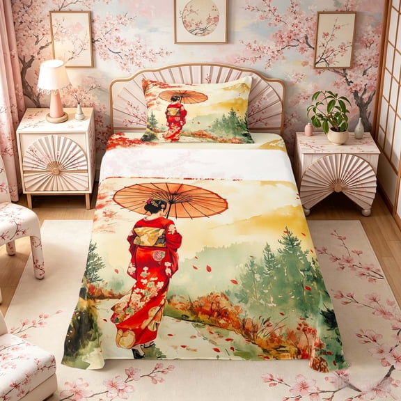 Manfei Watercolor Geisha Twin Sheet Sets for Girls, Red Umbrella Bedding, Red Orange Green 3-Piece, 1 Flat Sheet, 1 Fitted Sheet and 1 Pillowcase