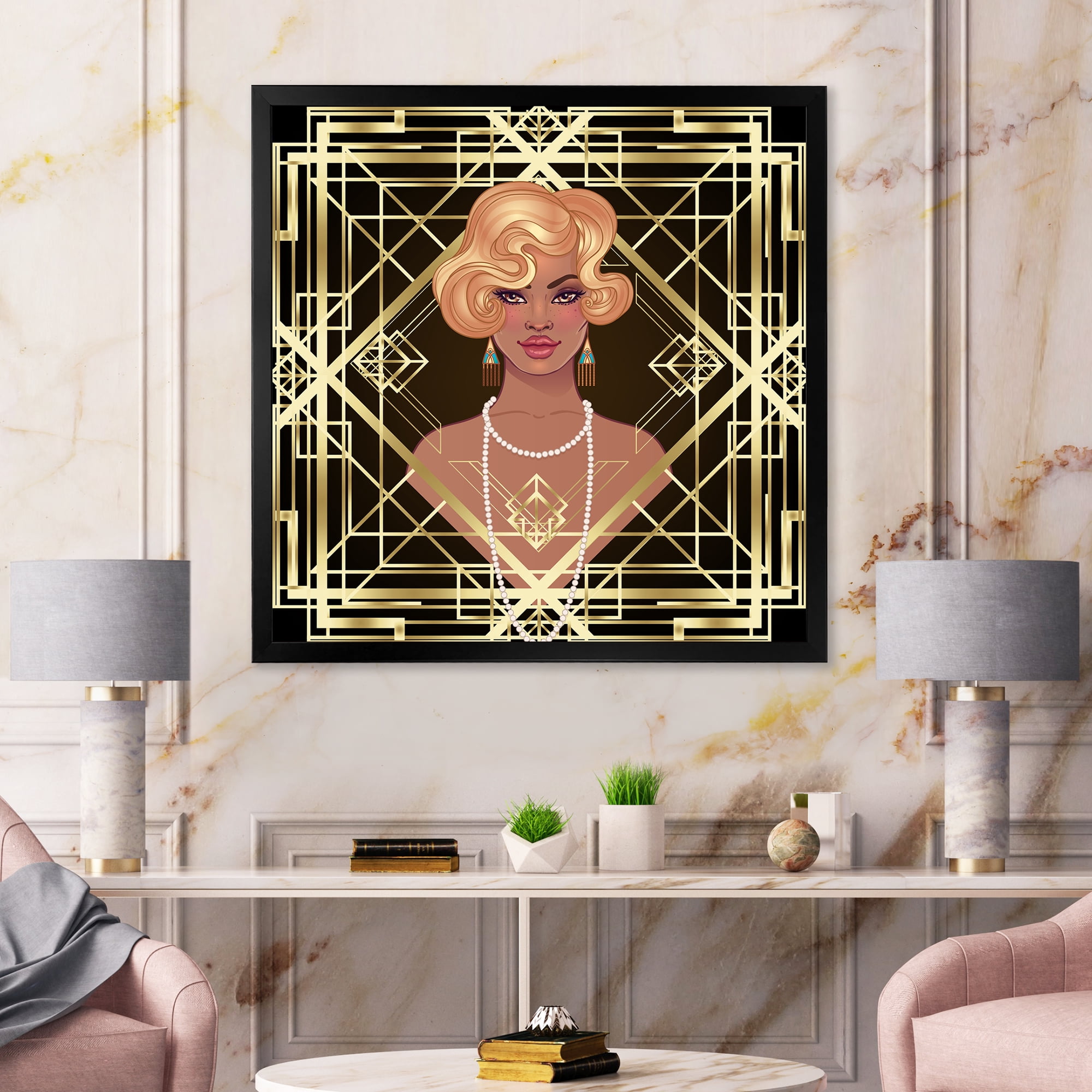 Designart 'Retro Girl In Golden Art Deco Geometrics III' Modern Framed Art Print