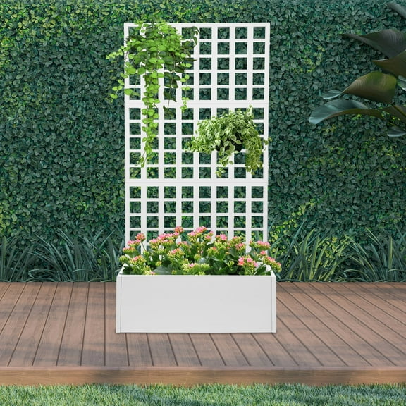 ToppiJoy 35*16*71in White Metal Planter Box with Trellis Privacy Screen, Outdoor Raised Garden Bed with Trellis for Climbing Plants, Flower