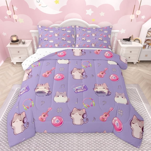 Feelyou Kawaii Music Cat Bedding Comforter Set, Cartoon Guitar Twin Comforter Sets, Teens Kids Boys Girls Reversible Bedding Set, Ultra Soft Bedroom Decor, 2 Pieces