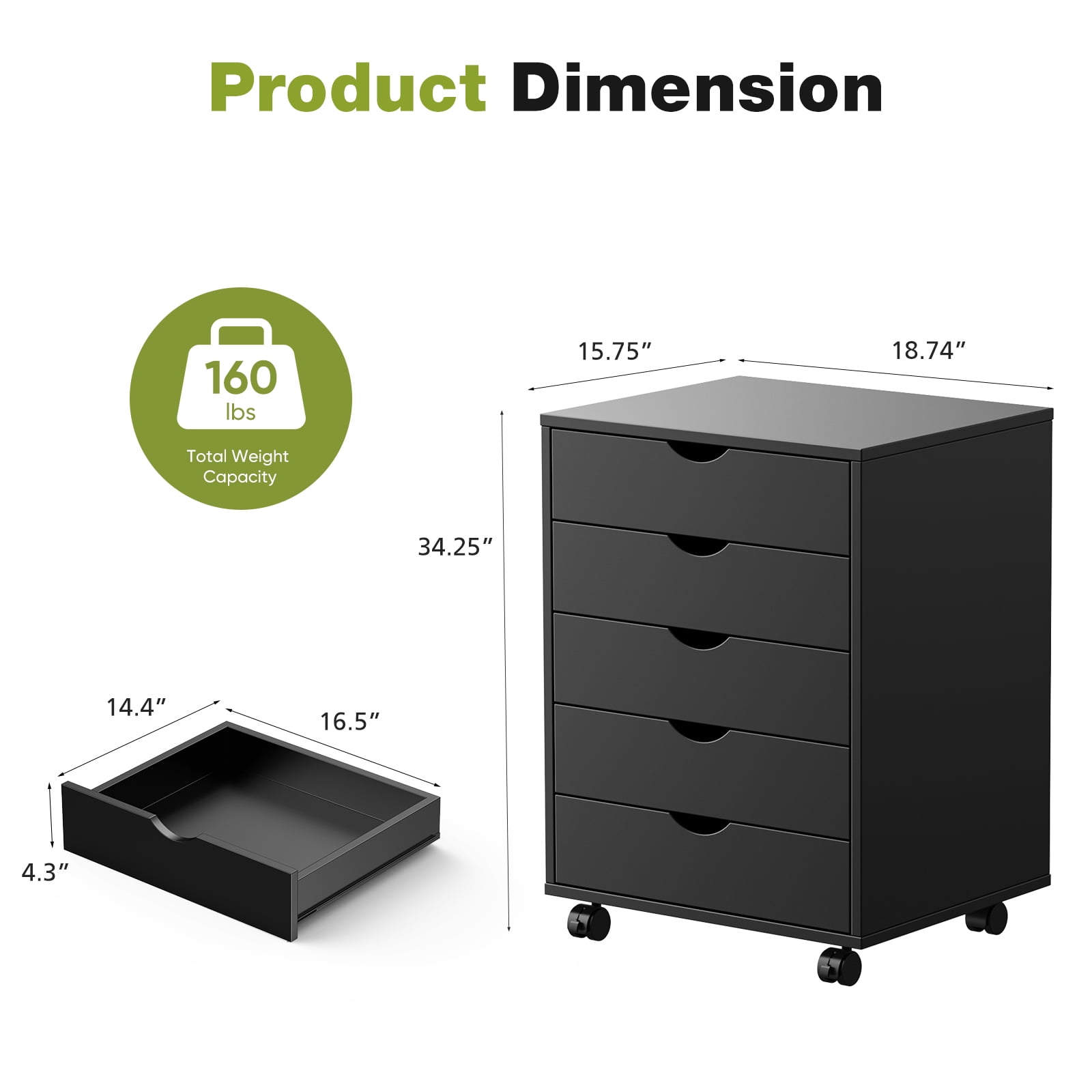 CONCETTA 5 Drawer Storage Cabinet with Wheels for Bedroom, Home, Office Organization, Black
