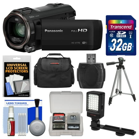 Panasonic HC-V770 Wireless Smartphone Twin Recording Wi-Fi HD Video Camera Camcorder with 32GB Card + Case + LED Light + Tripod + Kit