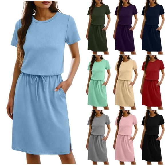 HBBIKVI T-Shirt Midi Dress for Women Casual Short Sleeve Shift Dress with Drawstring Waist,Side Pockets,and Stretchy Fabric for Everyday Comfortable Wear