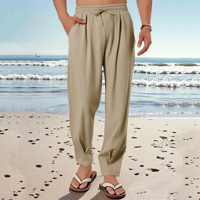 Men's Casual Linen-Look Polyester Drawstring Waist Pants with Pockets for Daily Wear