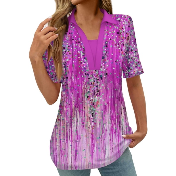 Tops Cortos para las Mujeres Blusas Impresas Manga Corta Turndown Collar Camiseta, Tops de Blusa para las Mujeres Casual