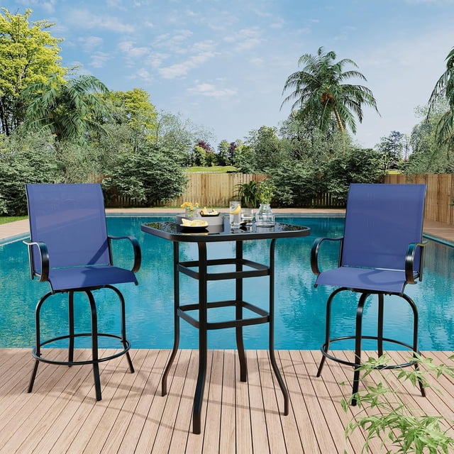 Patio Furniture 3PC Patio Swivel Bar Stools Set,3PC Swivel Outdoor Table and Chairs Bar Set,All Weather Textile Fabric Outdoor High Stool Bistro Set with High Glass Bar Table for Lawn,Garden,Balcony