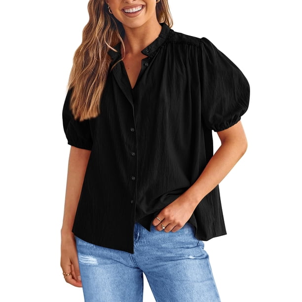 Camisa PRETTYGARDEN de verano con botones, cuello en V, negra, talla S