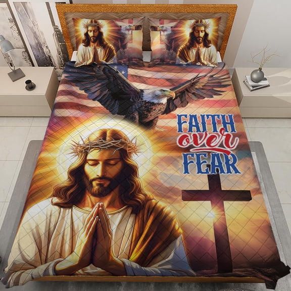 Lotusprinthandmade America Flag Eagle Jesus Quilt Bedding Set Fold Hem 55x60