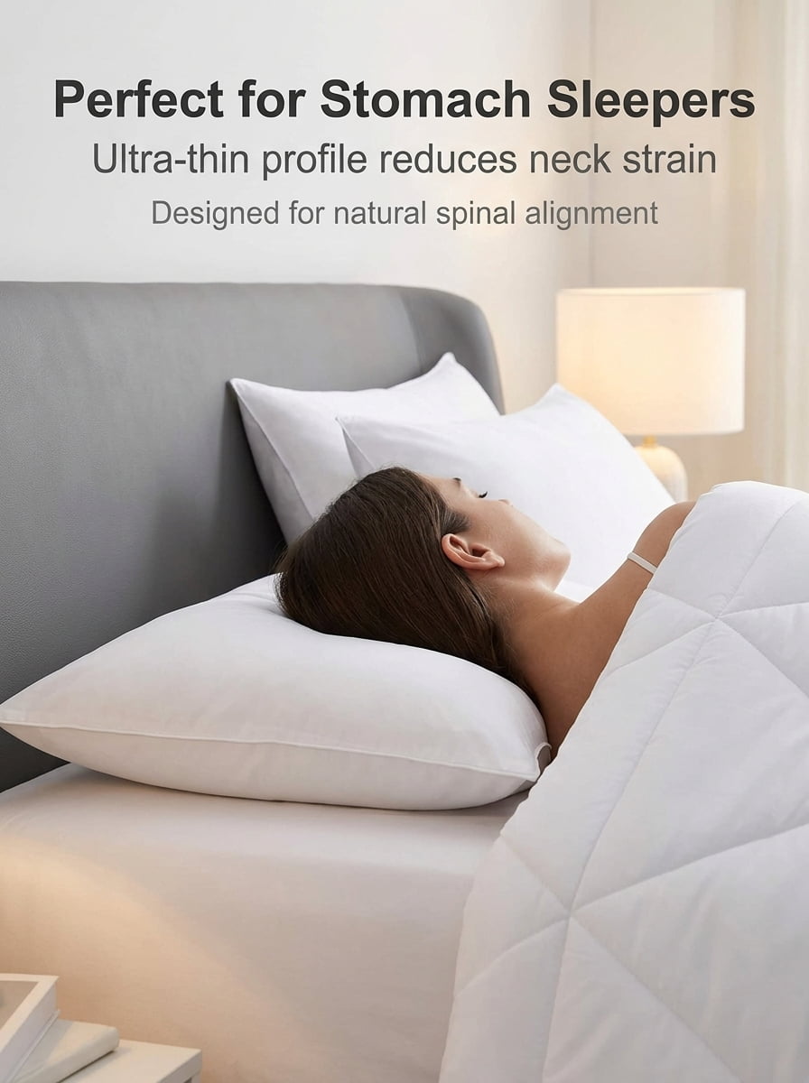 Ultra Thin Flat Bed Pillows Standard Size Set of 2, 20x26 Inch Soft Sleeping Pillows for Back Stomach Sleepers, Machine Washable Skin Friendly, White