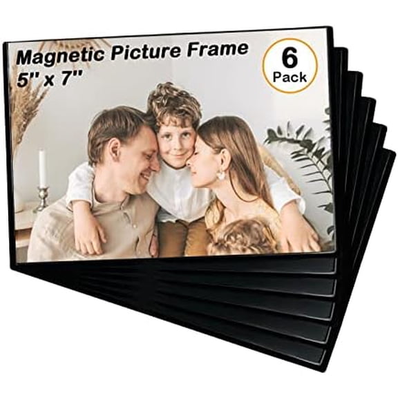 Magnetic Picture Frame, Holds 5X7 Inches Pictures, Reusable Black Magnet Fridge Photo Sleeves for Refrigerator, Locker,Office Cabinet (Black, 6) (6Pcs)