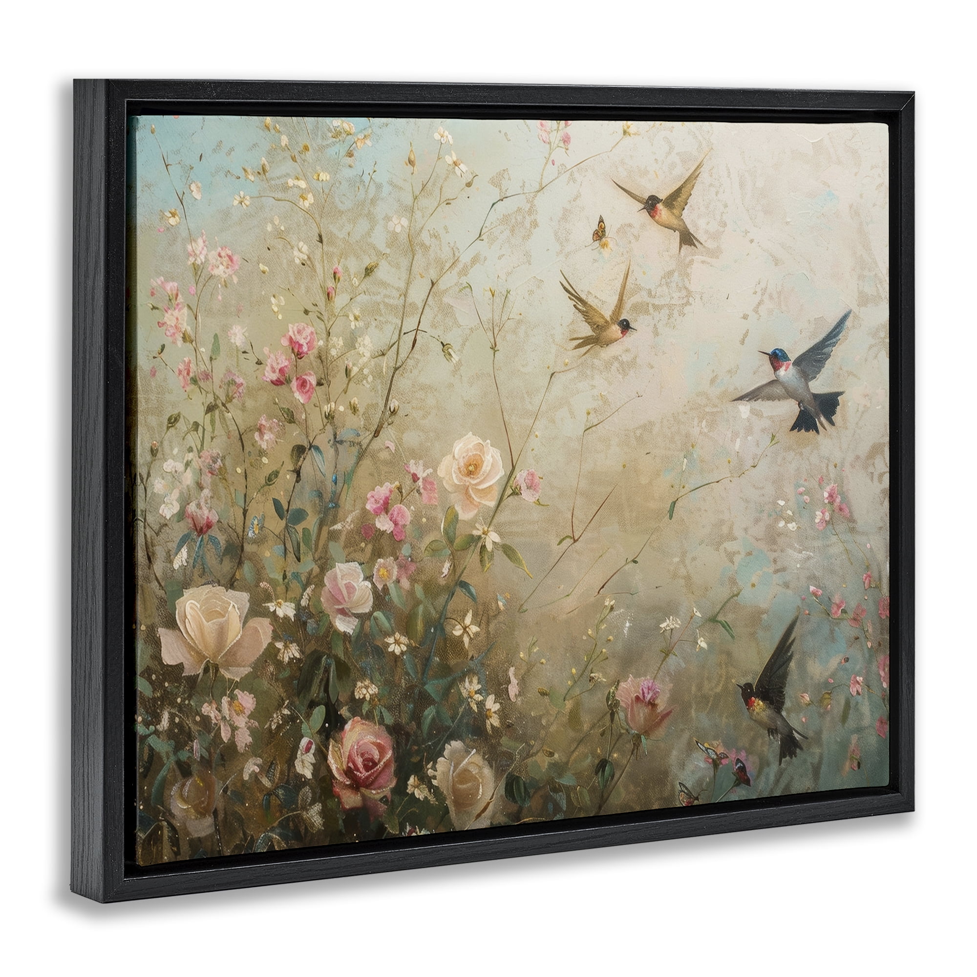 Stupell Industries Spring Meadow Birds Plants & Flowers Painting Black Floater Framed Canvas Art Print Wall Art, 31 x 25