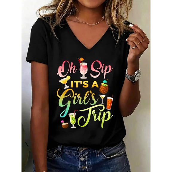 Oh Sip It's A Girls' Trip Funny Womens Drinking Graphic V Neck T-Shirt Cotton Women's V Neck Graphic Tee, Casual Short Sleeve Shirt,Vacation Outfit