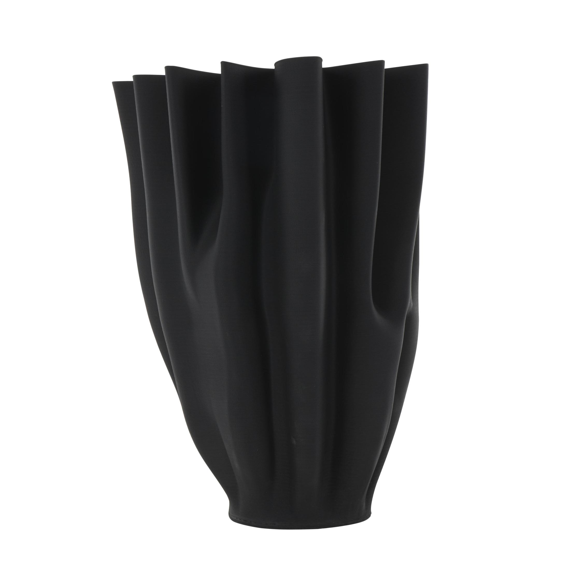 DecMode 15" Abstract Dimensional Ribbed Tulip Black Ceramic Vase with Angular Rim