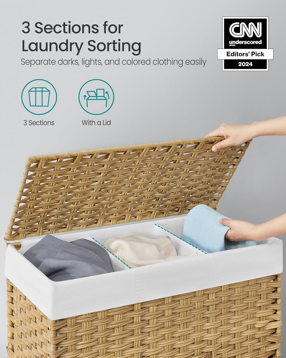 Laundry Hamper with Lid, 42.3 Gallons (160 L), Rolling Laundry Basket with Wheels, 3-Section Synthetic Rattan, Removable Liner, Bedroom, 27.6 x 14.2 x 26 Inches, Natural