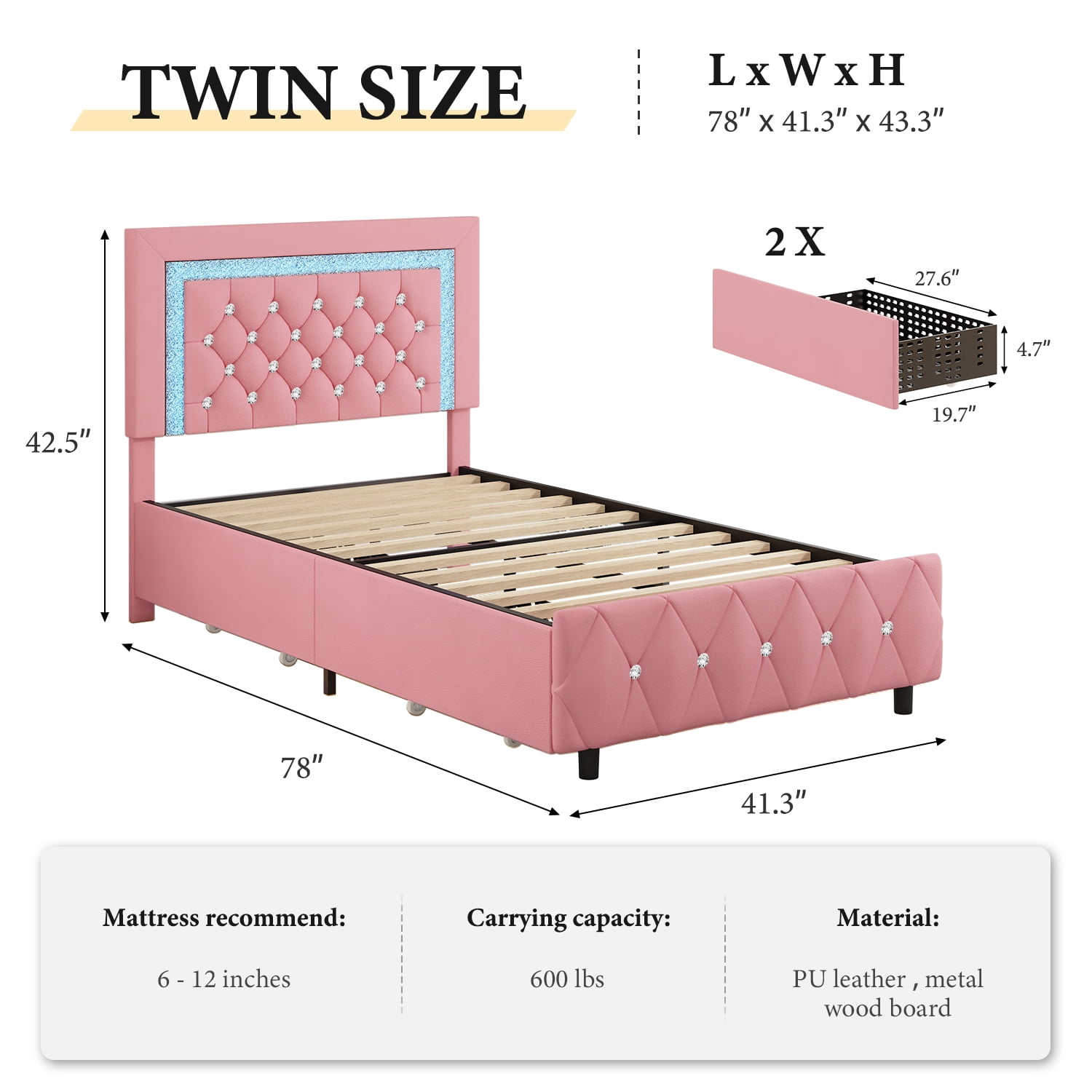 4 Ever Winner Twin Size Pink LED Bed Frame, Upholstered Diamond