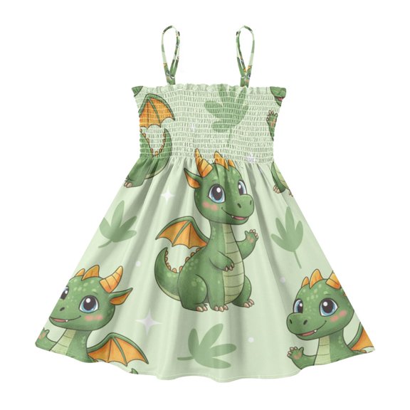 DALAWU Lightweight Cartoon Cute Dragon Green Smocked Sundress Adjustable Strap Flowy A-Line Summer Dress