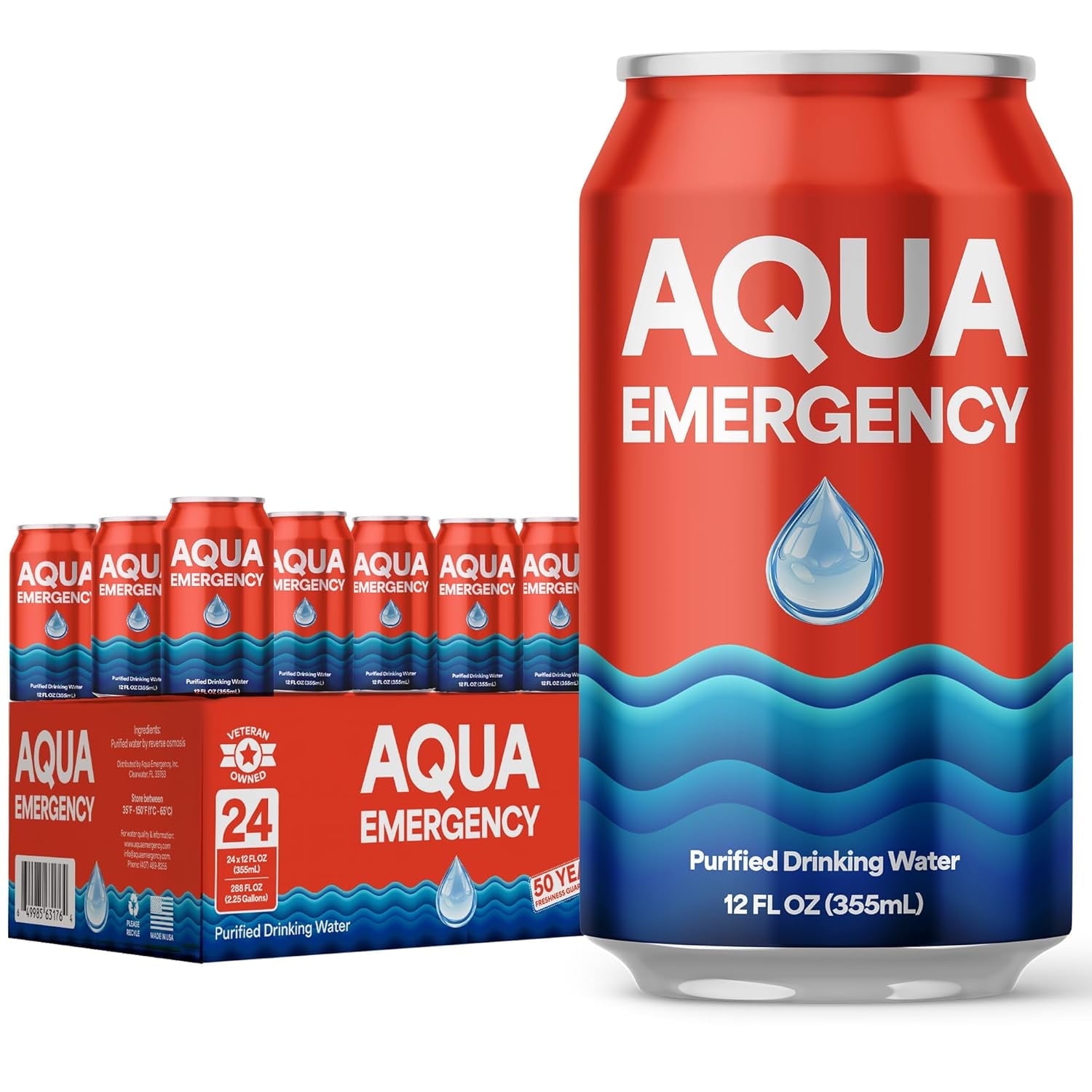 Aqua Emergency Drinking Water Cans 12 fl oz (24 Pack) ? 50 Year Shelf Life, BPA-Free Purified Water, Reverse Osmosis, Emergency Supply for Survival, Camping & Disaster Preparedness