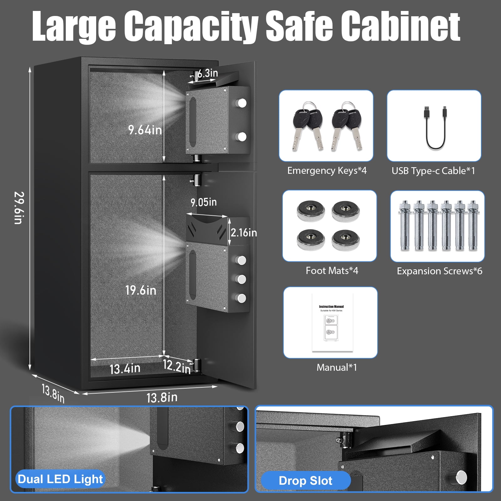 6.5 cuft Large Biometric Safe with Double Door, Fingerprint & Digital Keypad Security Safe Cabinet with Drop Slot for Home Office Hotel, Alloy Steel Heavy Duty Money Box for Jewelry Cash Documents