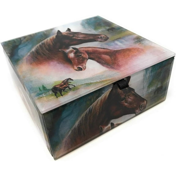 Horse Family Glass Keepsake Trinket Jewelry Box Container Velvet Lined Horses