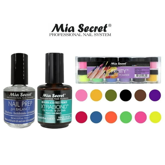 MIA SECRET - 12 COLORS SET - FRUITY with Nail Prep & Xtrabond Primer ( 0.5 oz ) - COMBO PACK