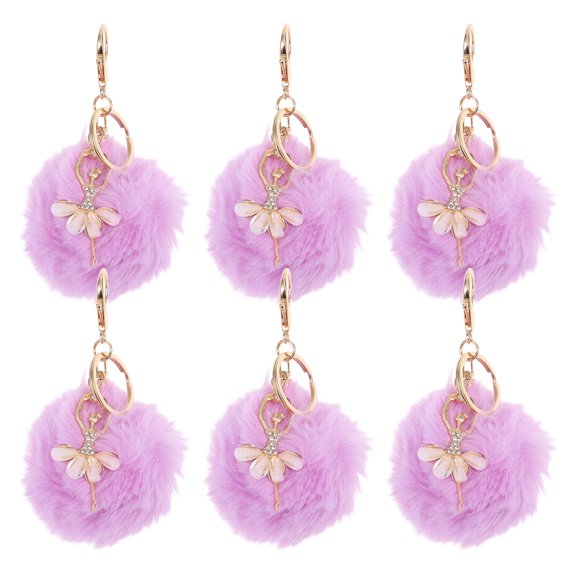 OUNONA 6Pcs Fluffy Violet Pom Pom Keychains with Ballet Charm for Bags and Backpacks