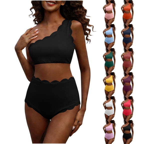 Purcolt Women's 2 Piece Scalloped Monokini Swimsuit Trendy One Shoulder Wide Straps Swim Top with High Waisted Bottom Bathing Suit Swimwear