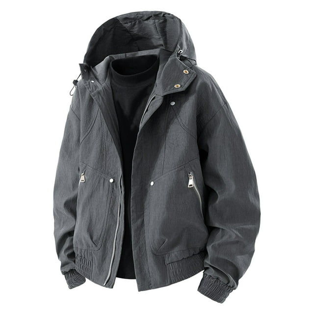 Gpaecead Military Jackets Men's Solid Color Long Sleeved Hooded Zipper Cardigan Workwear Jacket
