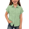 thumbnail image 2 of KyCheLot Boys and Girls Button Shirts Lapel Neck Solid Color Rolled Short Sleeve Shirts Kids Casual Summer Blouses, 2 of 9