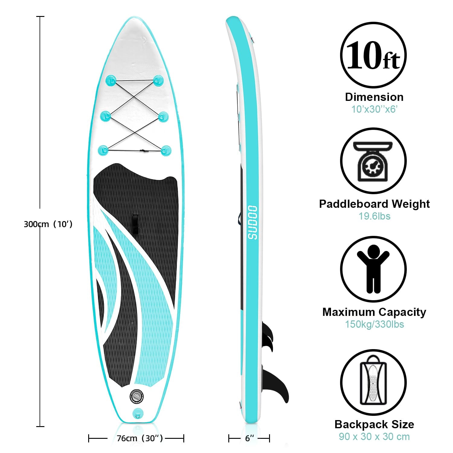SUDOO Inflatable Stand Up Paddle Board 10‘x30‘‘, Ultra-Light SUP Board with Backpack, Pump, Paddle, Coil Leash, 3 Fins, Repair Kit, Stable SUP with Non-Slip EVA Deck for Adults & Youth