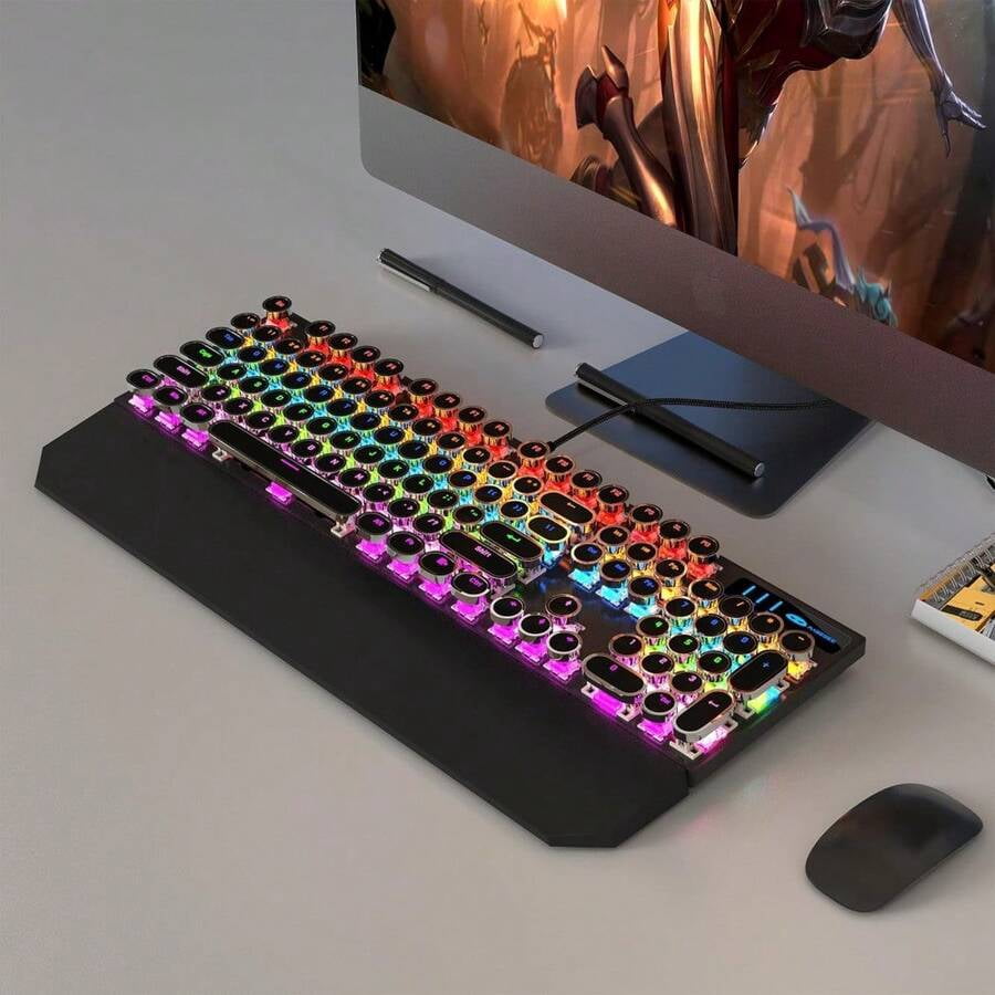 XX Typewriter Mechanical Gaming Keyboard, Retro Black Punk Round Keycaps RGB Rainbow Backlit Wired Keyboards For Laptop PC Gamer, With Magnetic Wrist Rest - Blue Switch