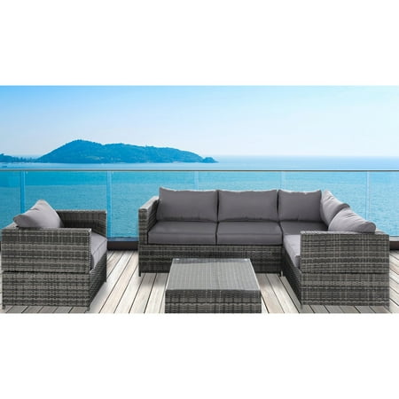Lloyd Loom Wicker Patio Furniture Magari Outdoor Furniture SJ-15125 Complete 4 pieces PE Wicker Rattan Patio Set with Gray Cushions ()