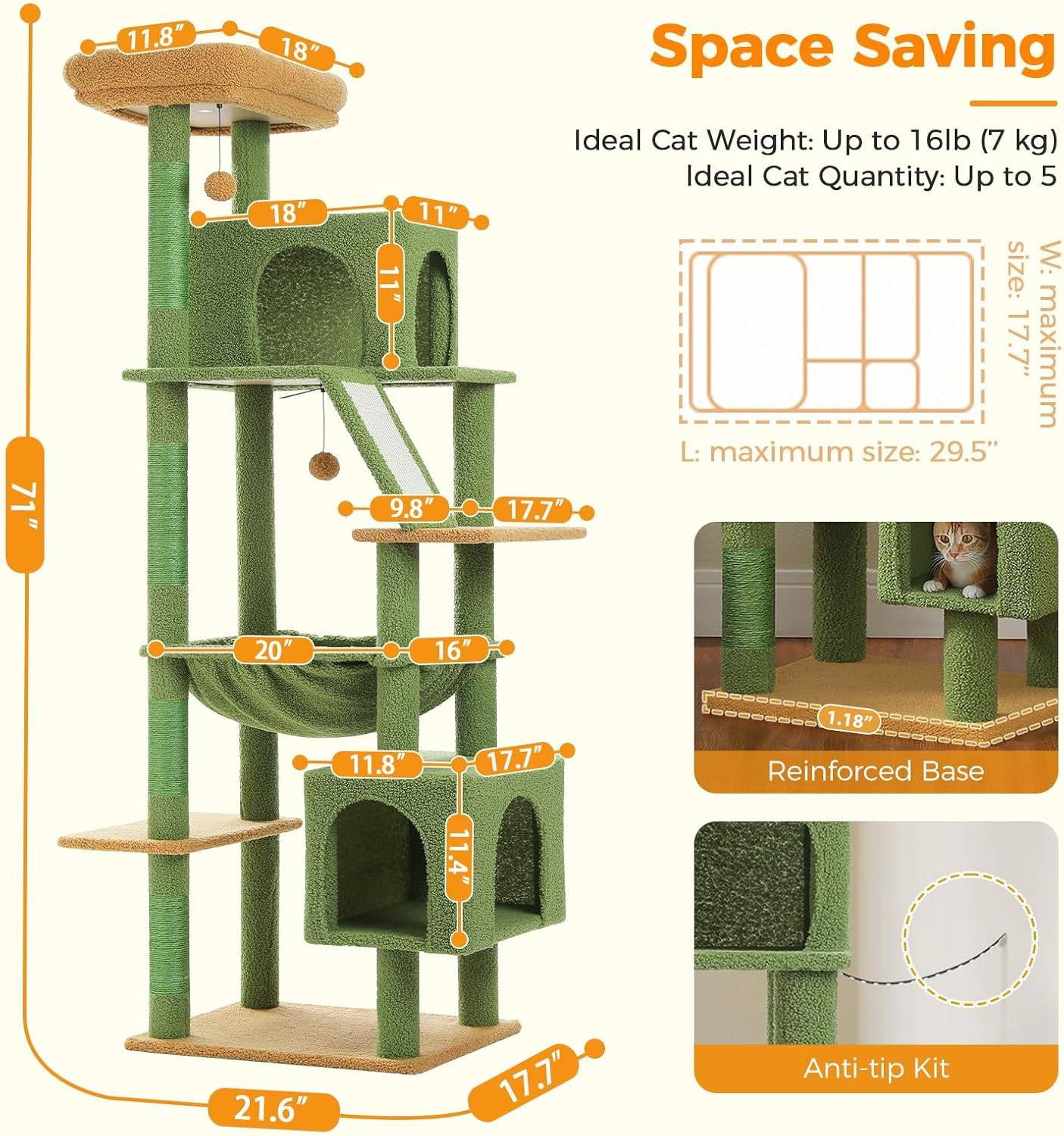 PEQULTI 71'' Large Cat Tree Tower Multi-level Cat Tree with Dual Spacious Condos Indoor Green