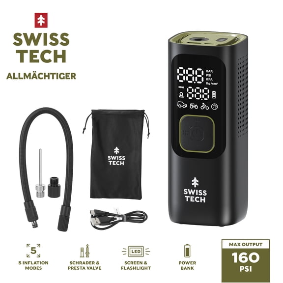 Swiss Tech Portable Cordless Tire Inflator, 160 PSI, with Digital Display and LED Light
