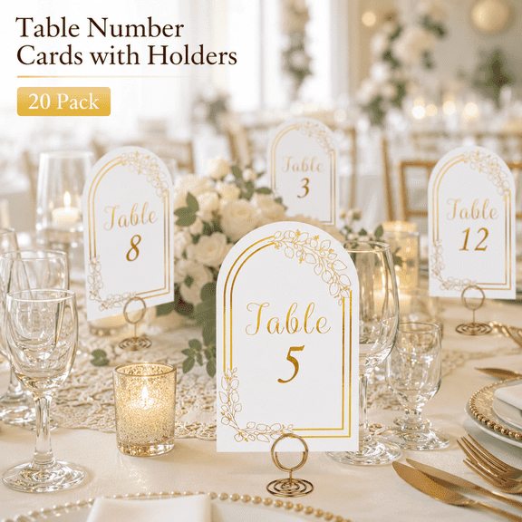 MORAVE Wedding Table Numbers 1-20, 20 White Gold Cards with 20 Gold Holders for Wedding