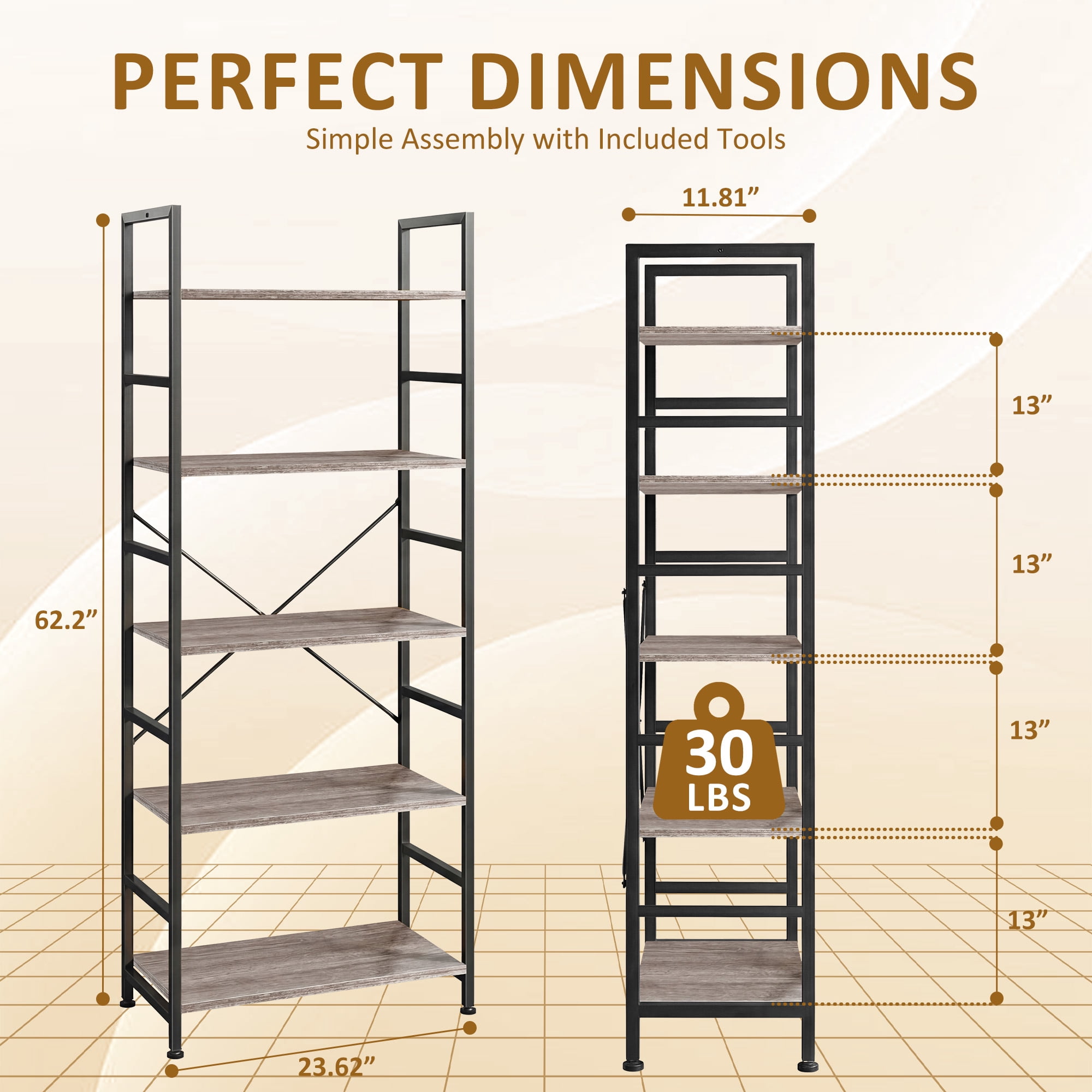 Atilioo 5 Tiers Bookcase, Heavy Durty Bookshelf Storage Organizer, Tall Display Shelves for Bedroom, Living Room, Gray