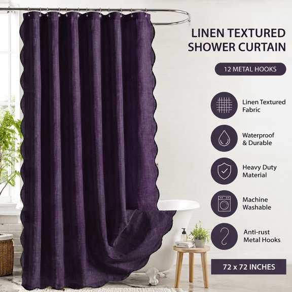 Purple Scalloped Linen Textured Shower Curtain with 12 Metal Hooks, Heavy Duty Washable Waterproof Bathroom Curtain, 72x72 inches