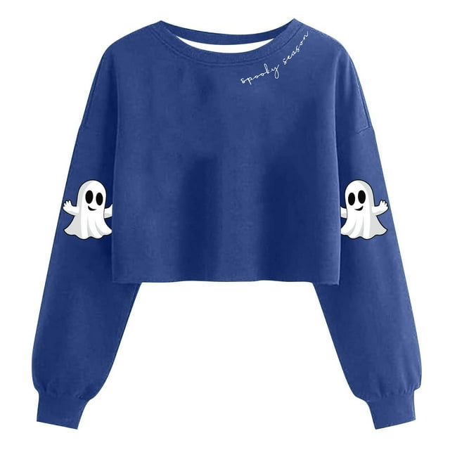 Lcziwo Halloween Chandail Court pour Femme, Haut Graphique Mignon de Fantôme, Manches Longues Lanterne, Col Rond, Chandail de Saison Effrayante, Mode d'Automne, Chandail à Enfiler Bleu, TTG