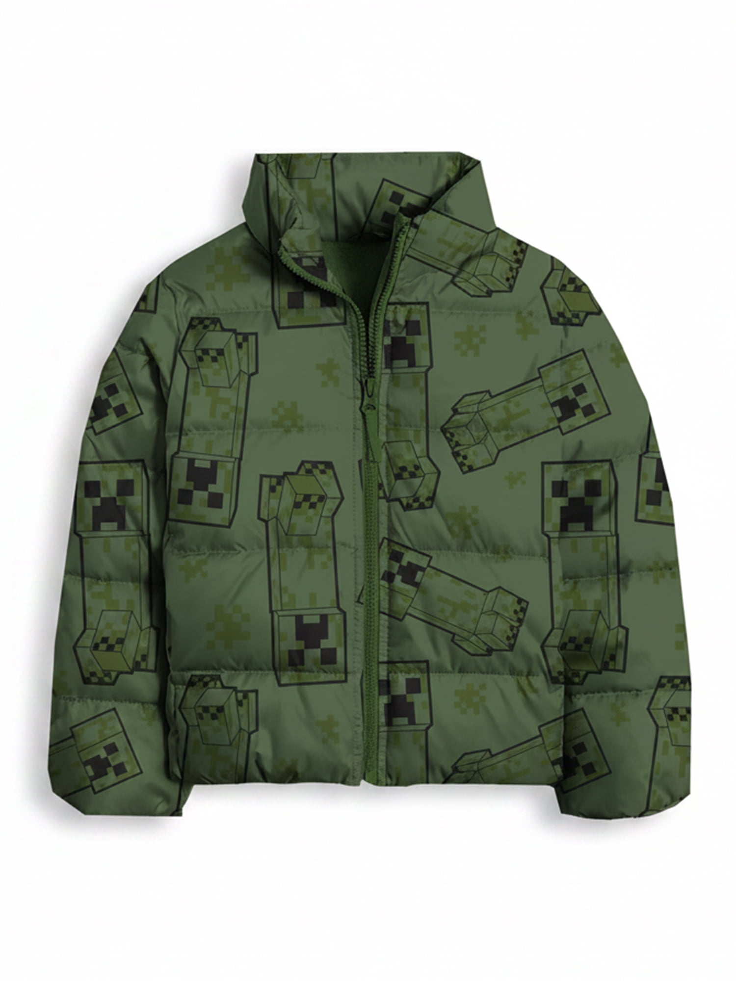 Boys’ Minecraft Creeper Allover Print Puffer Jacket, Olive Green, Sizes XS–XL