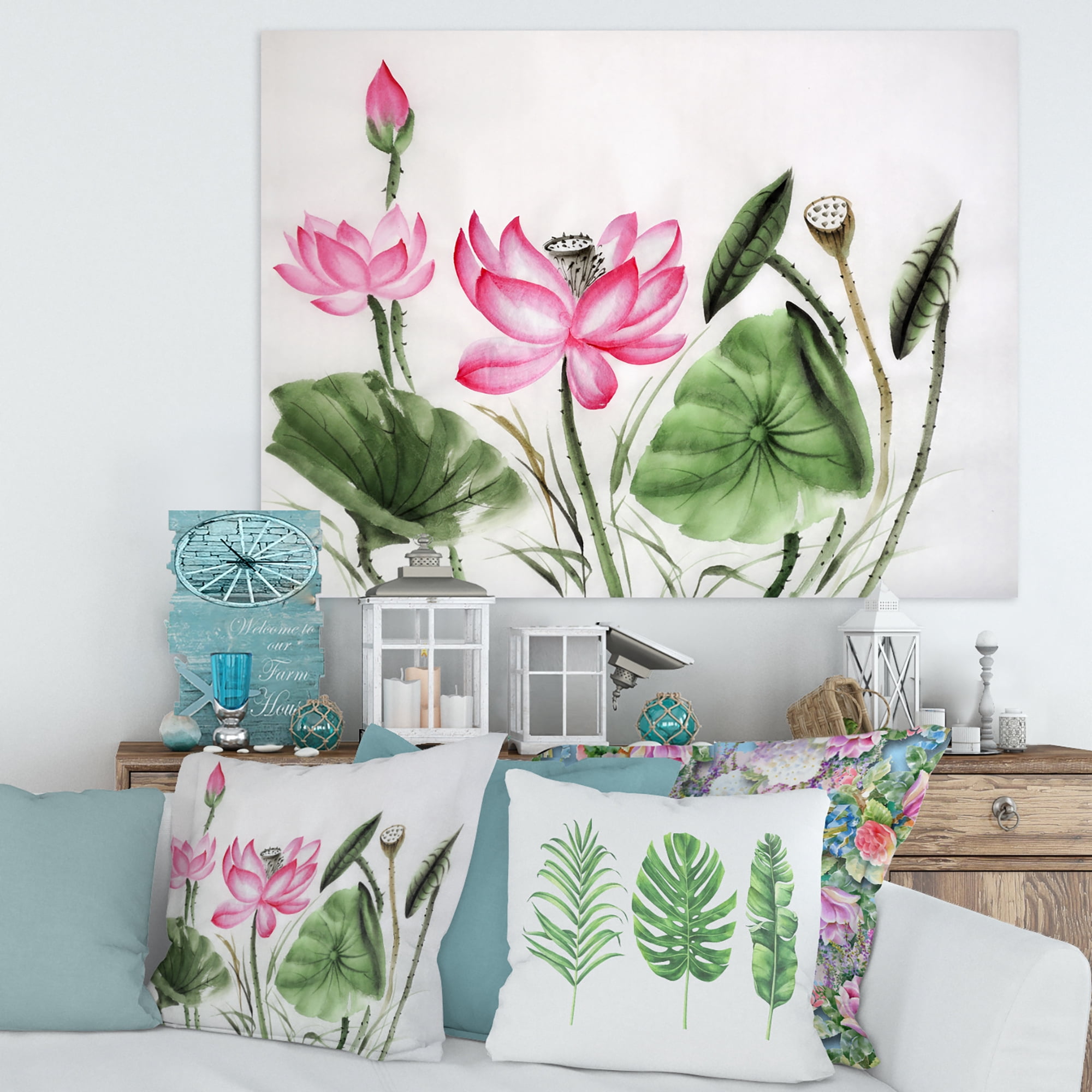 Designart ' Ancient Pink Lotuses In The Pond II ' Traditional Canvas Wall Art Print