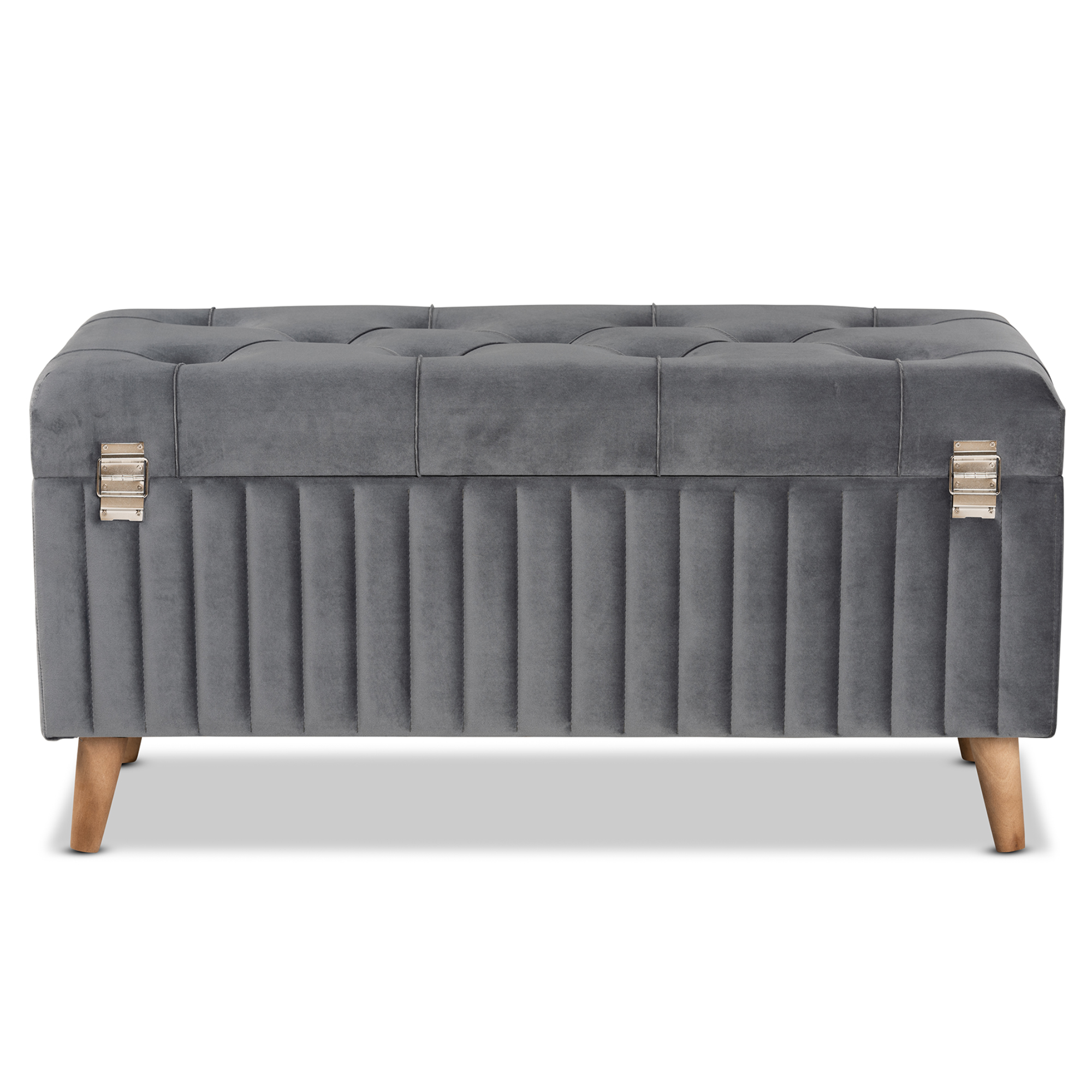 Baxton Studio Hanley Modern and Contemporary Grey Velvet Fabric Upholstered and Walnut Brown Finished Wood Storage Ottoman